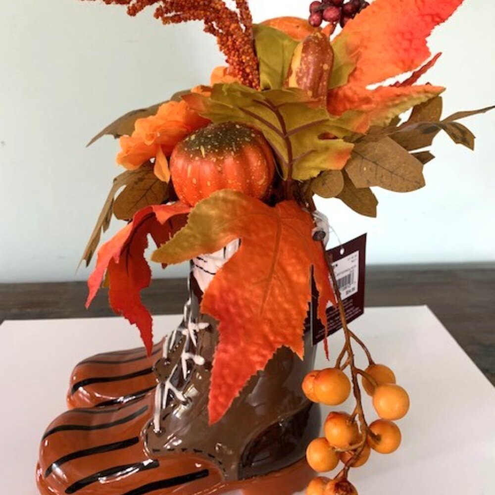 Ceramic Fall Boot Botanical Decor - Picture 2 of 8